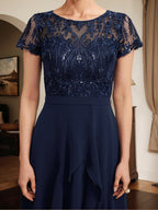 Vestido de madre de la novia de gasa asimétrica con escote en A, ilusión, encaje, lazo, volante y lentejuelas