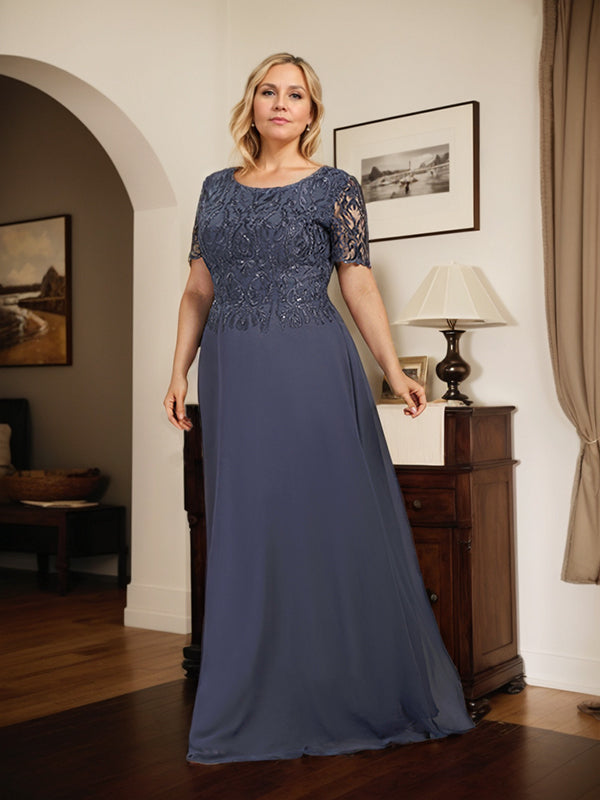 Vestido de gasa con encaje y lentejuelas para madre de la novia, corte A, largo hasta el suelo