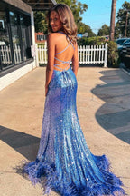 Annie | Vestido de fiesta largo estilo sirena con abertura y espalda con cordones y plumas de lentejuelas azules