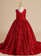 Deslumbrante vestido de princesa con lentejuelas rojas, escote en V y cola de corte para niñas