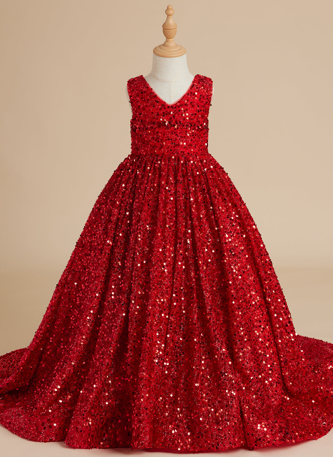 Deslumbrante vestido de princesa con lentejuelas rojas, escote en V y cola de corte para niñas
