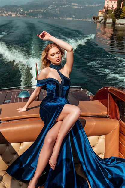 Long Mermaid Halter Sleeveless Velvet Formal Prom Dress With Slit