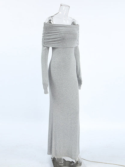 Long Sleeves Skinny Pleated Solid Color Split-Joint Off-The-Shoulder Evening Dresses Maxi Dresses