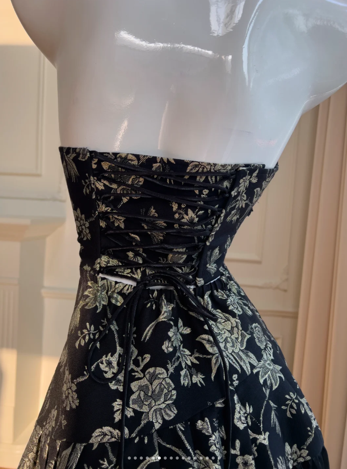 Elegante vestido de noche negro con cuello halter, estampado floral y lentejuelas, vestido de fiesta largo en línea A Y8568