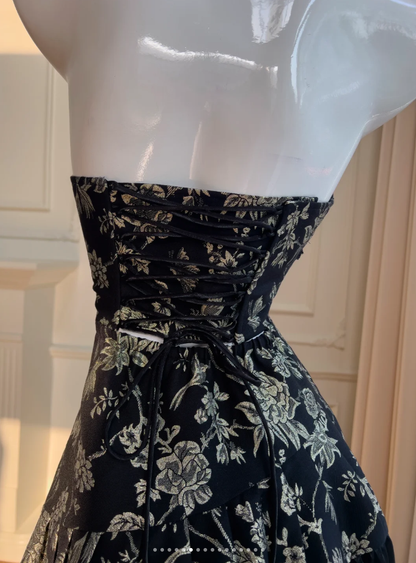Elegante vestido de noche negro con cuello halter, estampado floral y lentejuelas, vestido de fiesta largo en línea A Y8568
