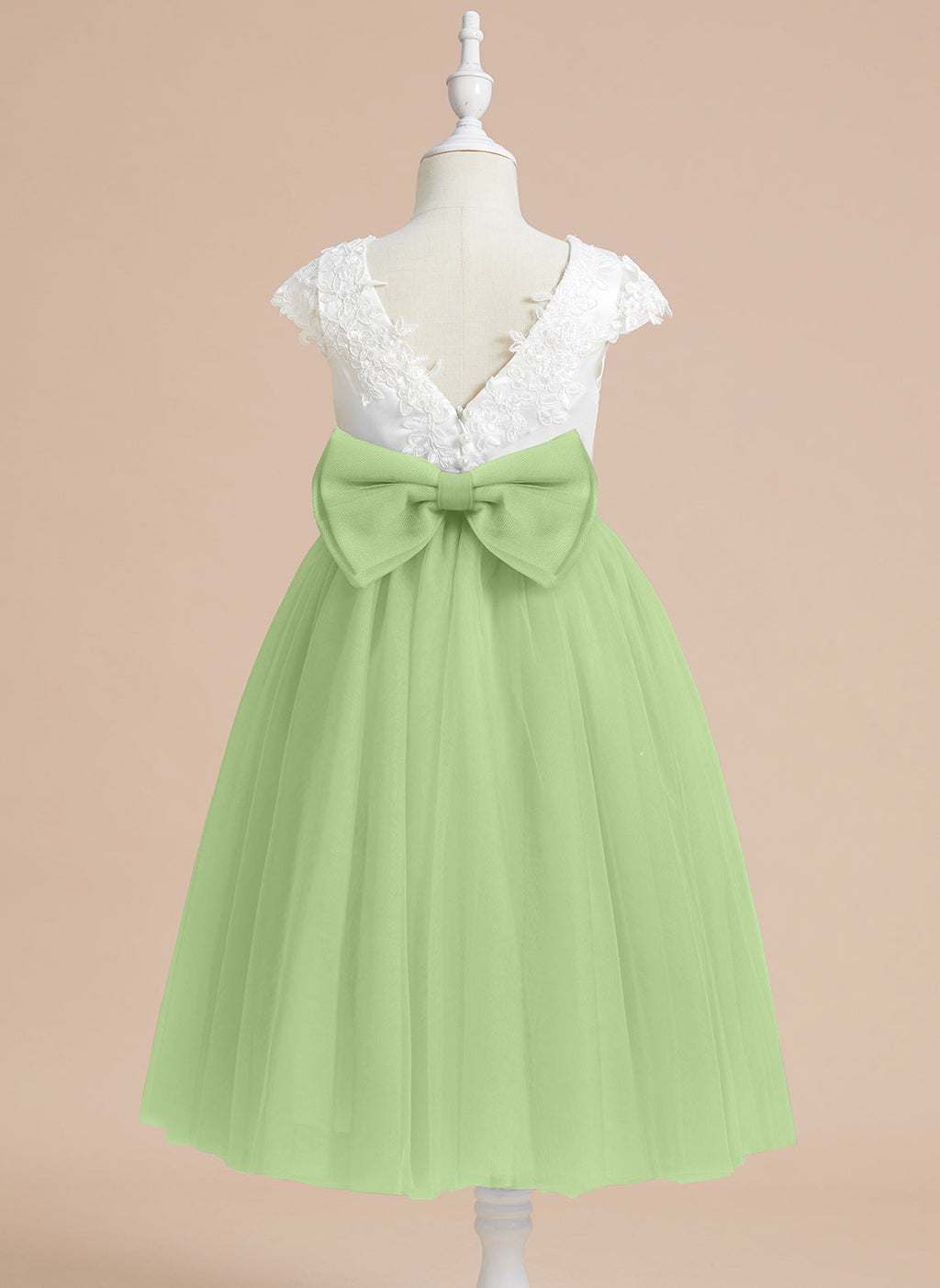 Vestido de niña de las flores de primera comunión de tul satinado con corte en A y largo hasta la rodilla