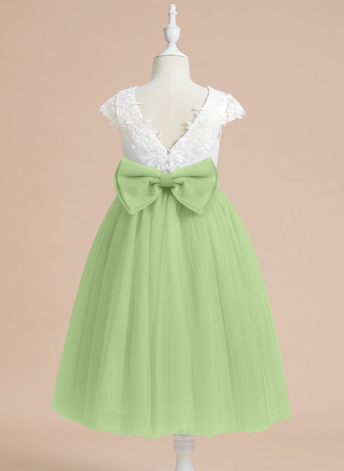 Vestido de niña de las flores de primera comunión de tul satinado con corte en A y largo hasta la rodilla