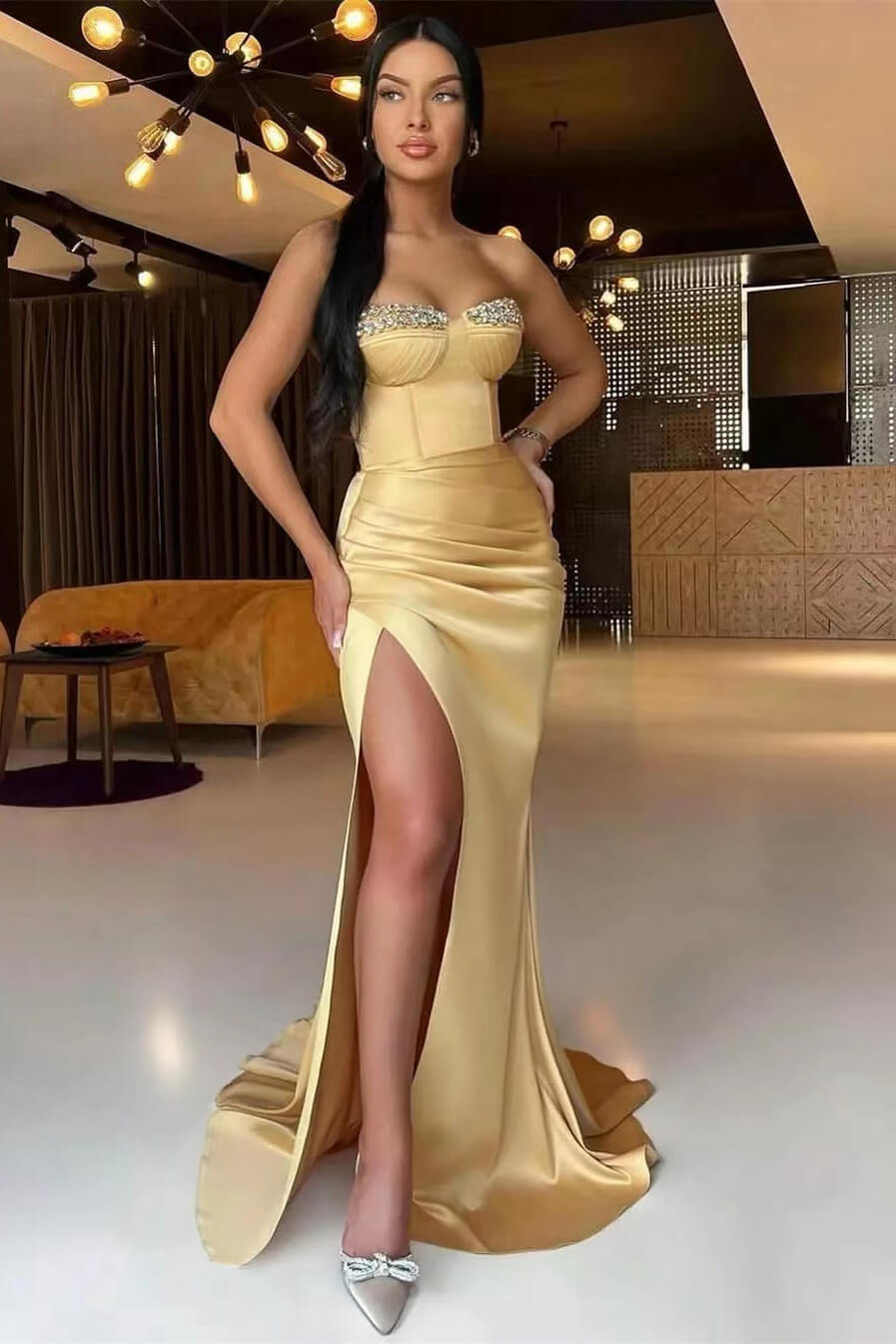 Long Strapless Satin Beadings Mermaid Prom Dress with Split