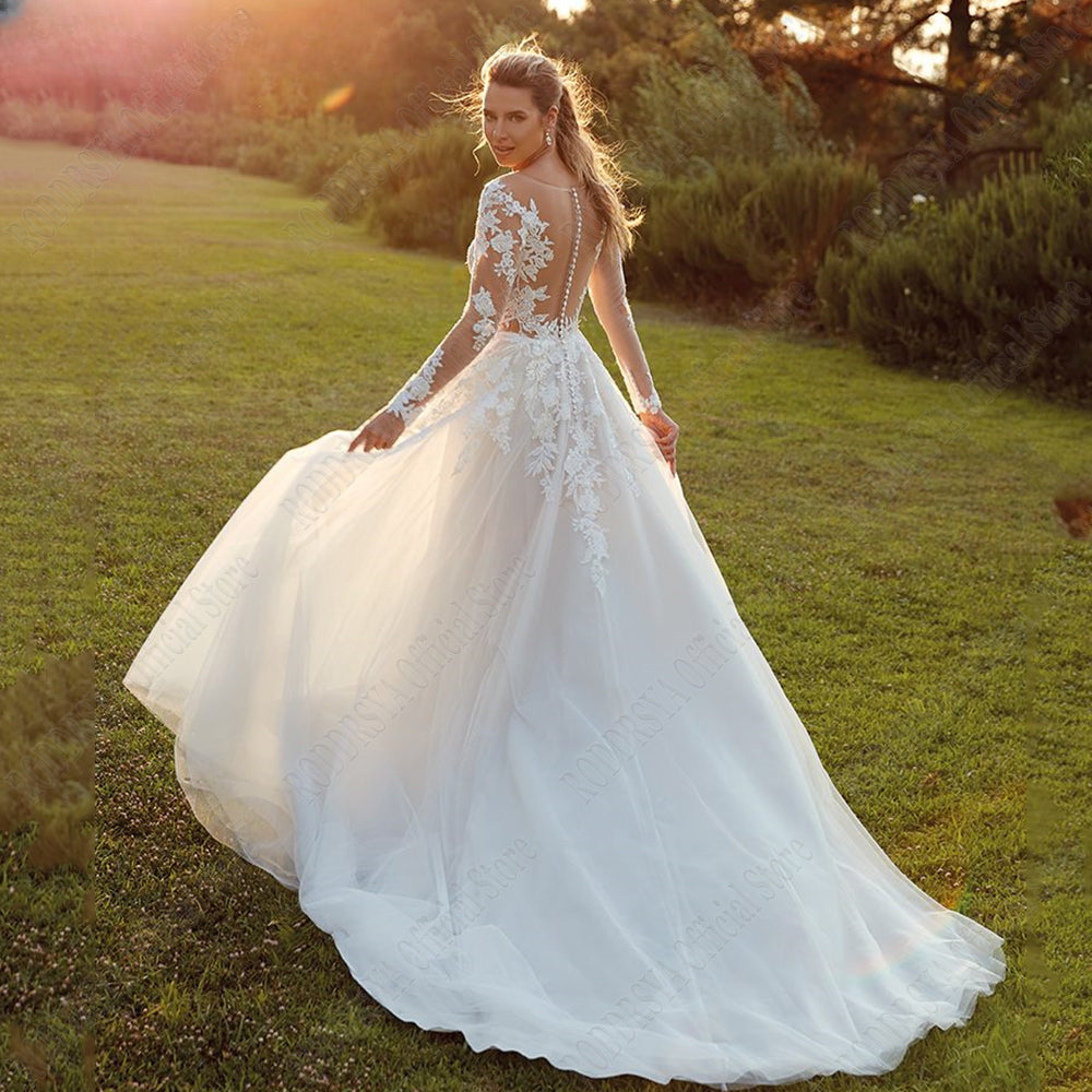 Pastrol Wedding Dresses For Woman Long Sleeves Illusion Back Scoop Bride Gowns Applique A-Line Tulle vestidos de novia-payinti