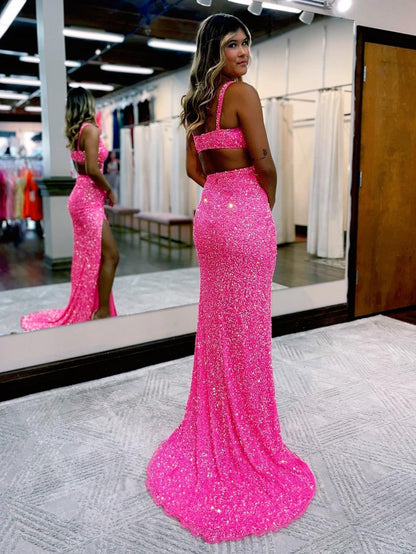 Salma | Vestido de fiesta de sirena con escote en V y lentejuelas con abertura