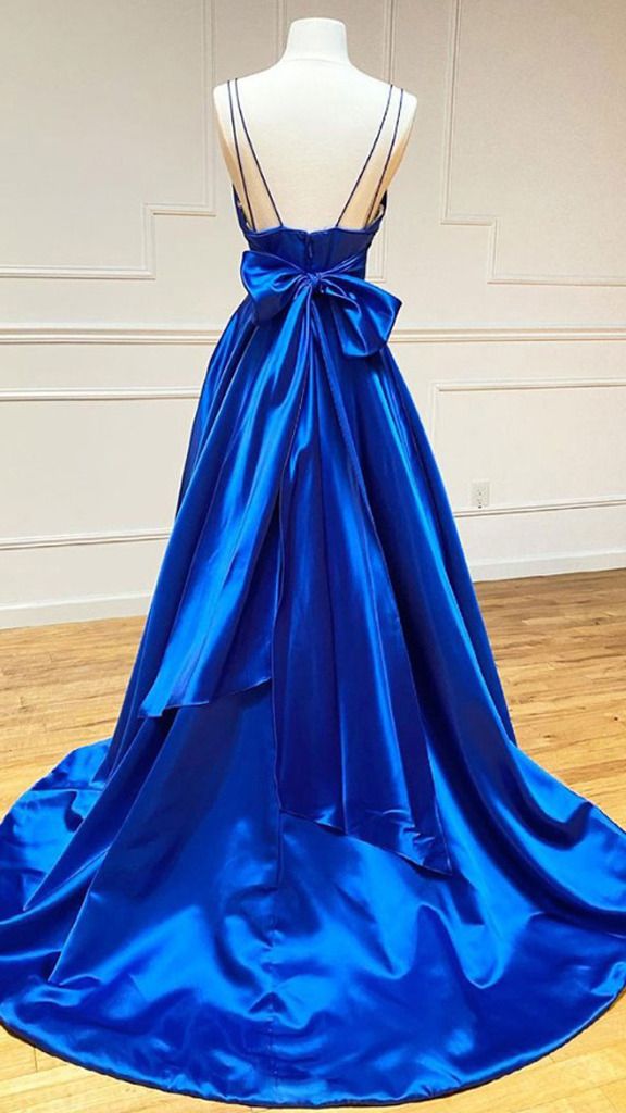 Vestidos de fiesta azul rey con escote en V y satén en forma de A, vestidos de noche Y1163