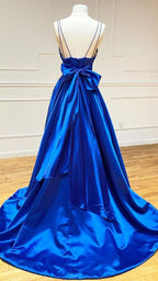 Vestidos de fiesta azul rey con escote en V y satén en forma de A, vestidos de noche Y1163