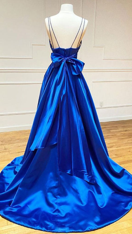 Vestidos de fiesta azul rey con escote en V y satén en forma de A, vestidos de noche Y1163