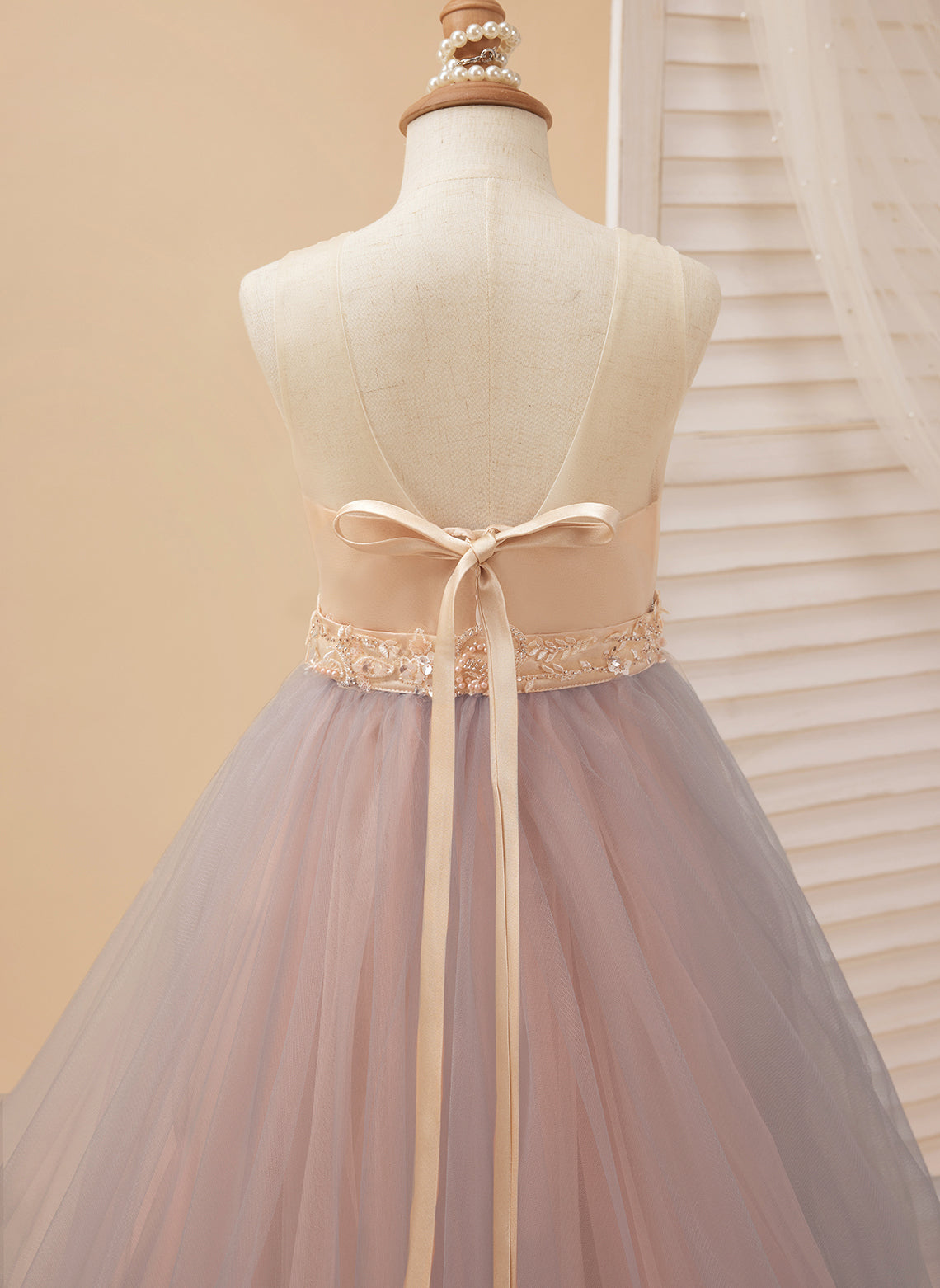 A-Linie Satin Tüll Sweep/Pinsel zug Champagner Kleid (010226776) 