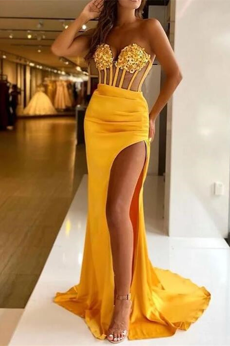 Trägerloses langes Meerjungfrau-Ballkleid aus Satin mit Pailletten und Schlitz vorne