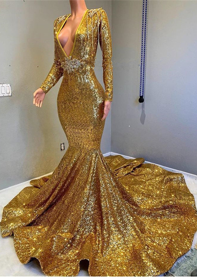 Goldenes, langes, paillettenbesetztes, rückenfreies Meerjungfrauen-Ballkleid mit V-Ausschnitt und Ärmeln