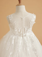 Ivory Lace and Tulle Flower Girl Dress with Floor-Length Design and Elegant Bow (2003227417)