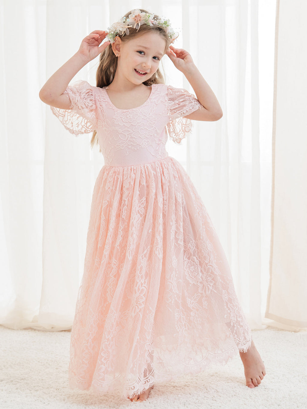 A-Linien-Spitze Knöchellanges Elfenbein Boho Blumenmädchenkleid 