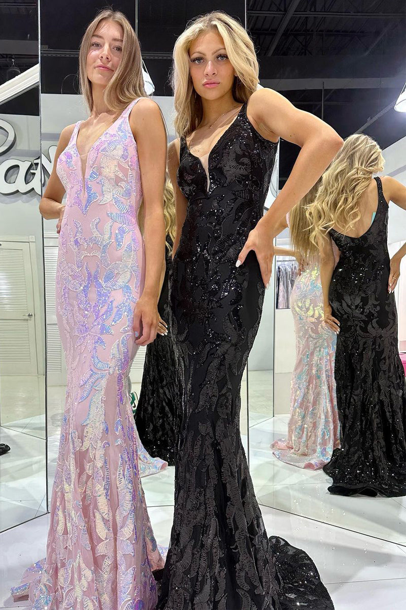 Bonnie | Vestido de fiesta largo de encaje con lentejuelas y escote en V estilo sirena
