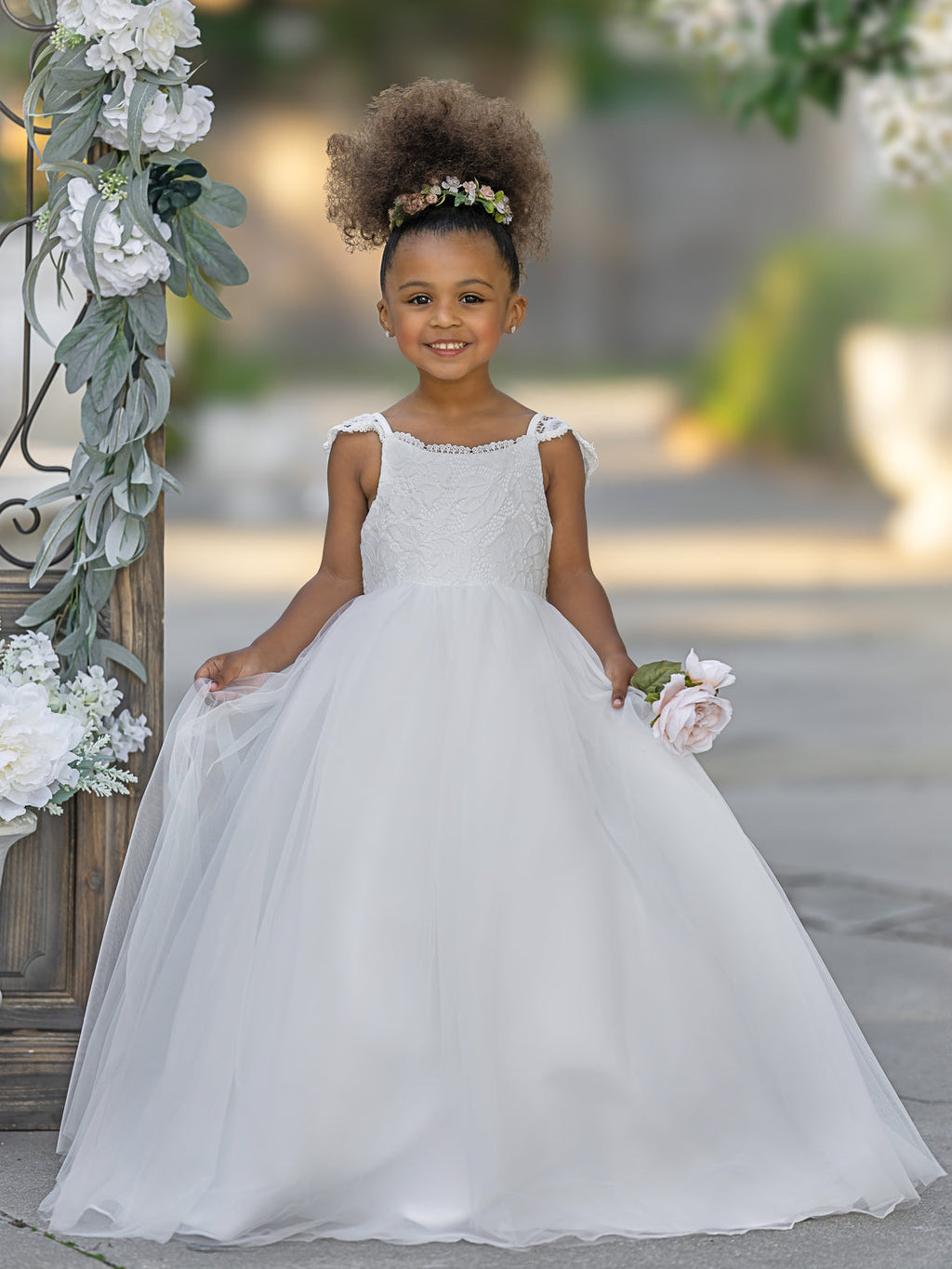 Vestido de fiesta/princesa de tul hasta el suelo color marfil para niña de las flores