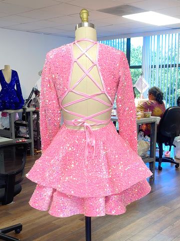 Vestido de cóctel rosa para mujer, corte A, escote en V, manga larga, vestido de fiesta Y788