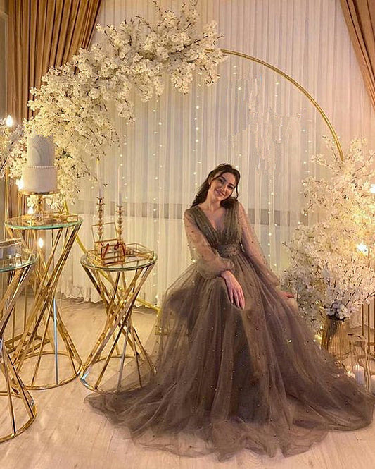 A-Linie V-Ausschnitt Tüll Illusion Abendkleid Transparente lange Ärmel Abendkleid Y1204
