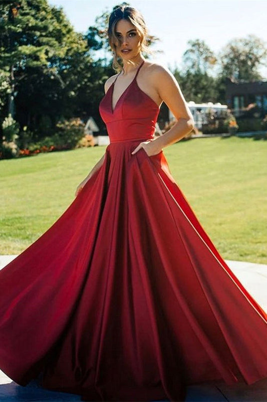Vestido de noche de satén burdeos largo con escote en V y corte A con bolsillos