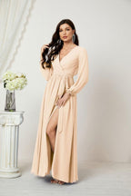 Vestidos de noche Sunnderly con escote en V profundo, gasa, para dama de honor, manga larga de obispo, abertura lateral, vestido formal SY2806 