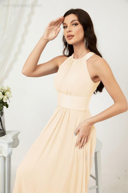 Sunnderly Formal Party Gown Dress Chiffon Halter Long Sleeveless Bridesmaid Dresses SY2802