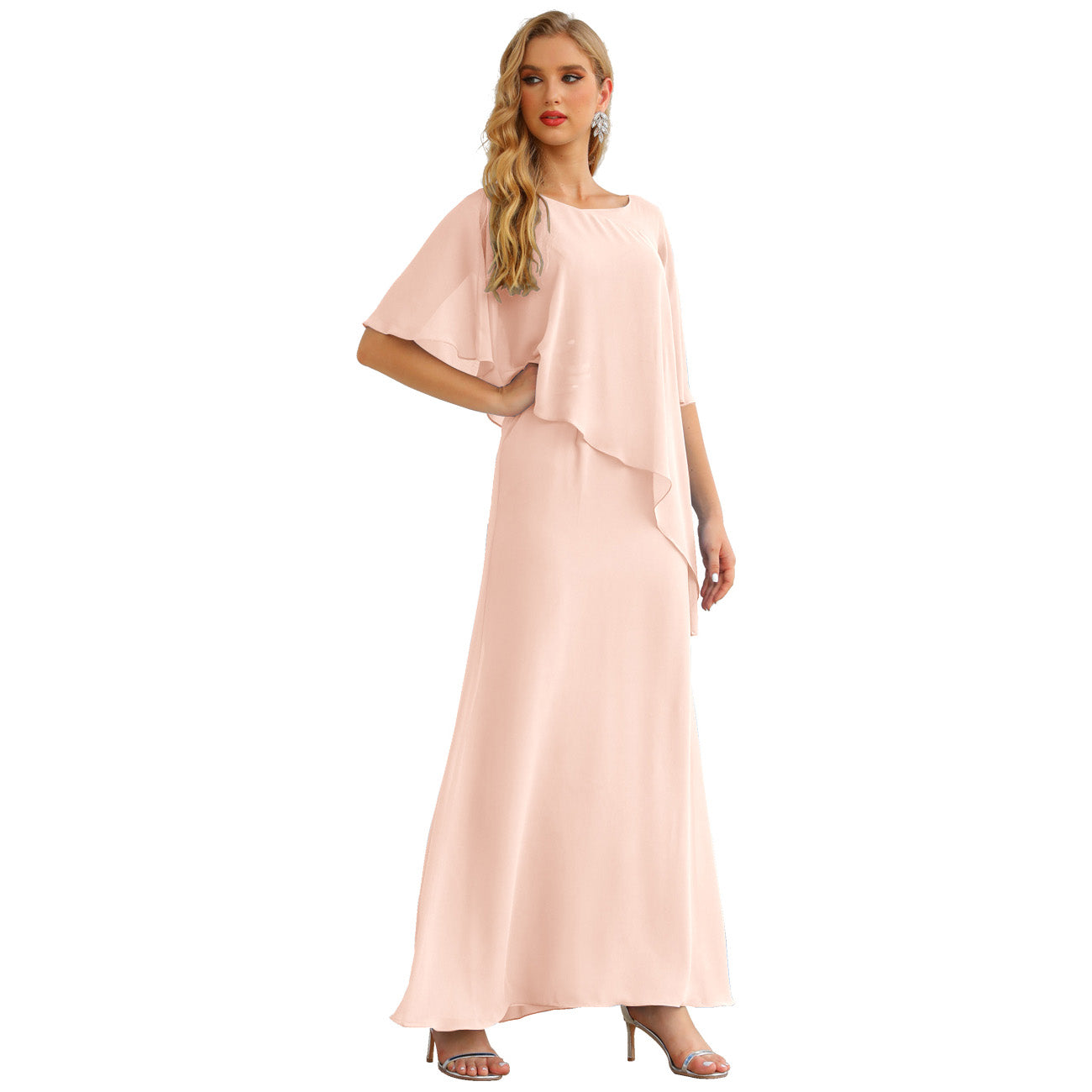Sunnderly Chiffon Plus Size Mother of The Bride Dresses Formal Prom Gown Ruffle Cape