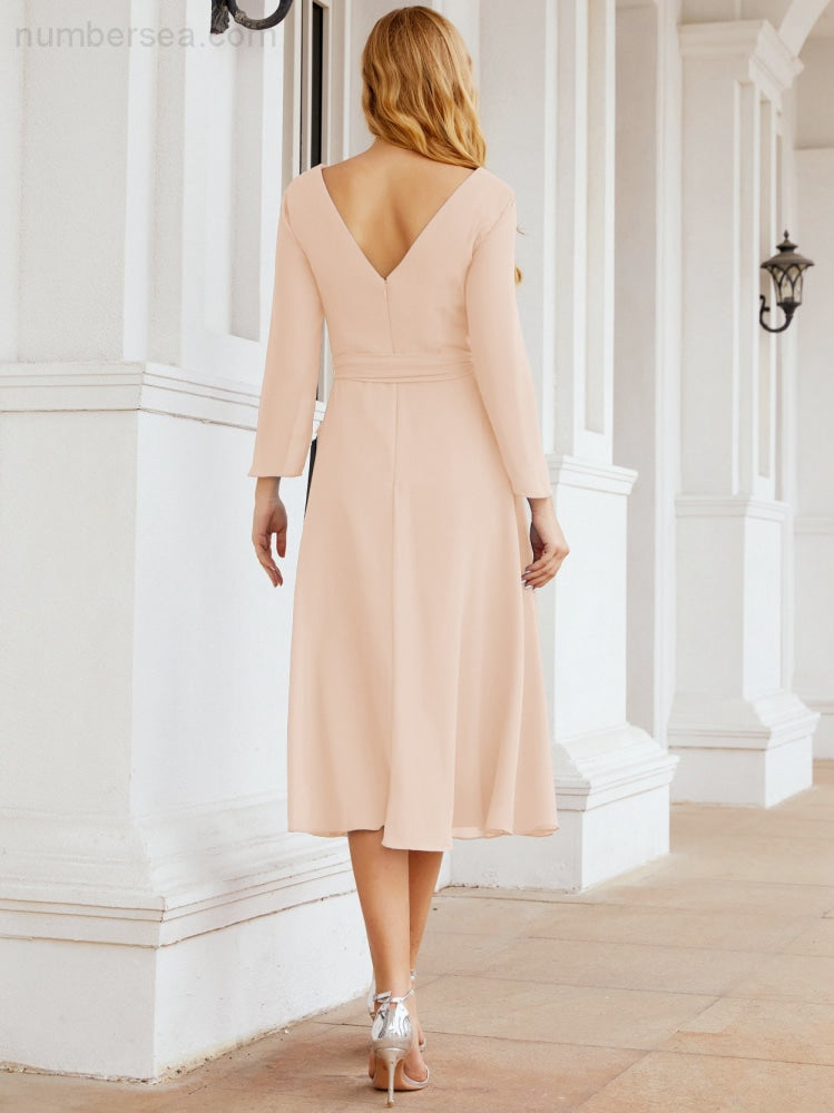 Vestido de dama de honor con escote en V y cinturón para madre de la novia, invitada de boda SY28031 