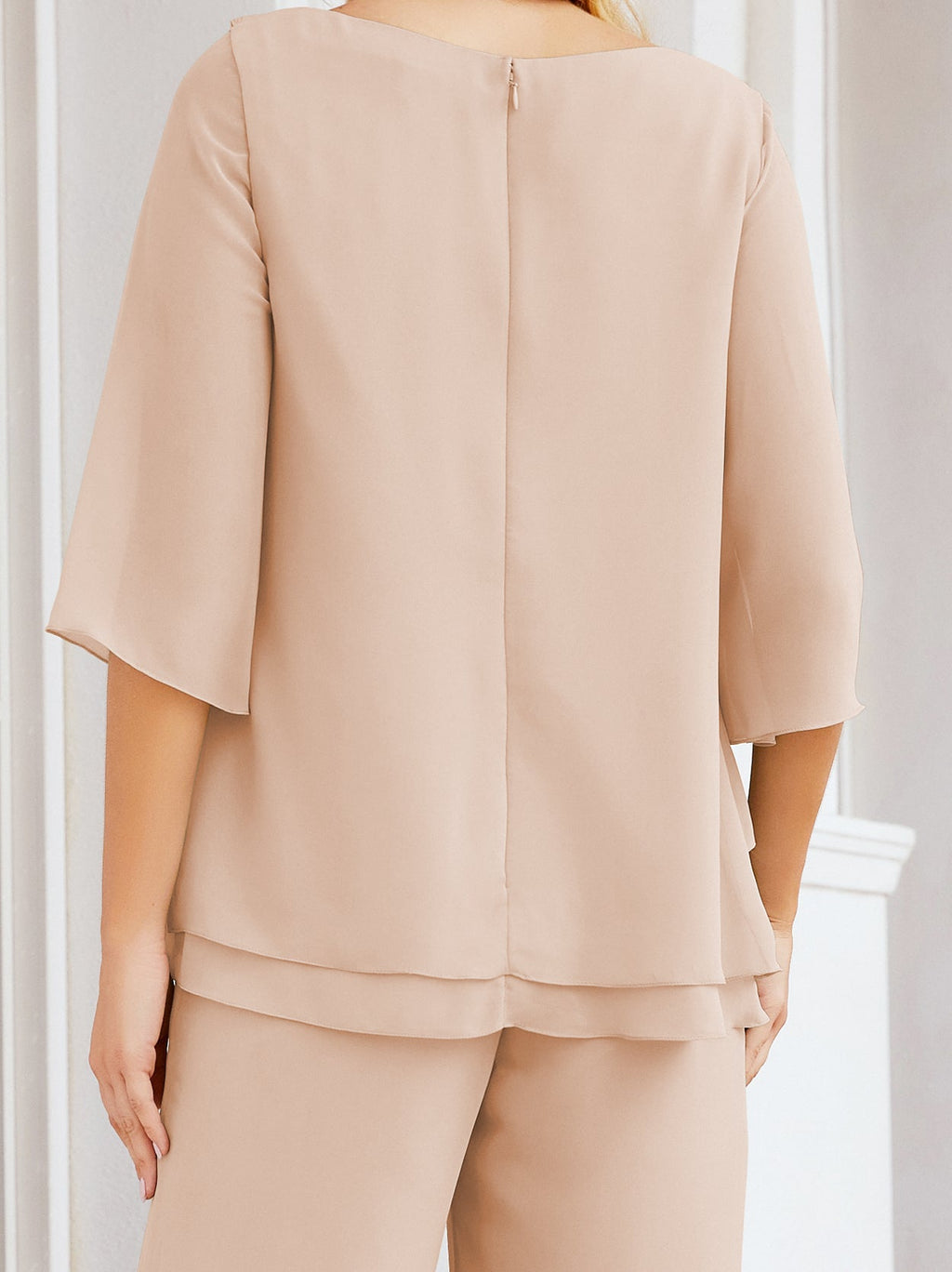 Elegante vestido de dos piezas para madre de la novia, talla grande, pantalón, capas con volantes, bata plateada SY28064 