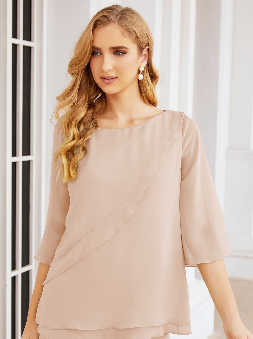 Elegante vestido de dos piezas para madre de la novia, talla grande, pantalón, capas con volantes, bata plateada SY28064 