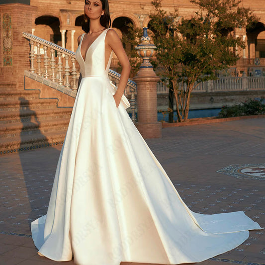 Spaghetti Straps V-Neck Vestido De Novia Sleeveless Appliques Satin Bride Party Backless A-Line Wedding Dress For Women-payinti