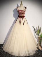 Vintage Tüll A-Linie Langes Ballkleid Spaghettiträger Abendkleid Ballkleid Y7662