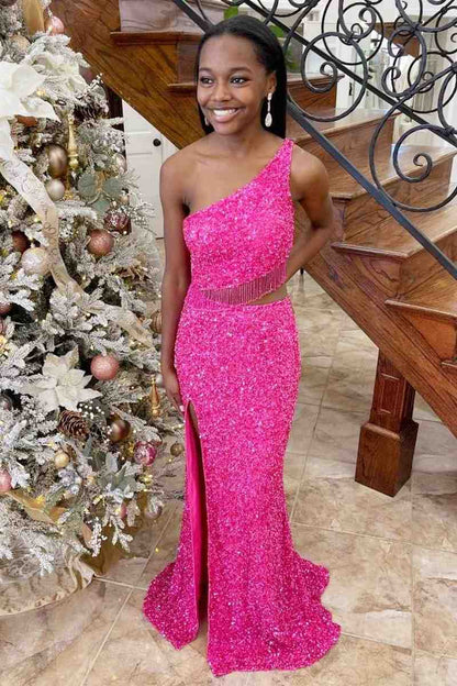 Two Piece Sequined One Shoulder Long Party Dress with Tassel