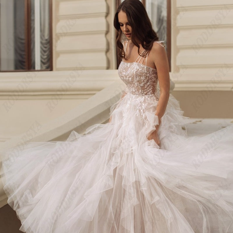Elegant Spaghetti Straps Wedding Dress Sexy Lace Up Backless Robe De Mariée Romantic Square Collar Tulle Bridal Gowns-payinti