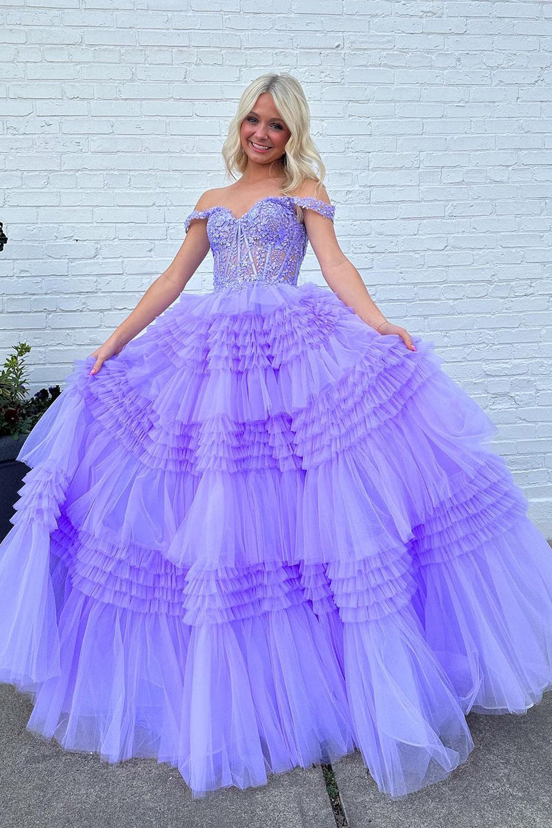 Tulle Off-the-Shoulder Ruffle Tiered Long Prom Dress