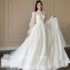Modest Organza A Line Appliques Lace Wedding Dress Puff Long Sleeves High Neck Bridal Gowns Robe De Mariage Custom TG001-payinti