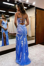 Ainhoa ​​| Glitzerndes blaues Meerjungfrau-Spitzen-Ballkleid mit Schlitz