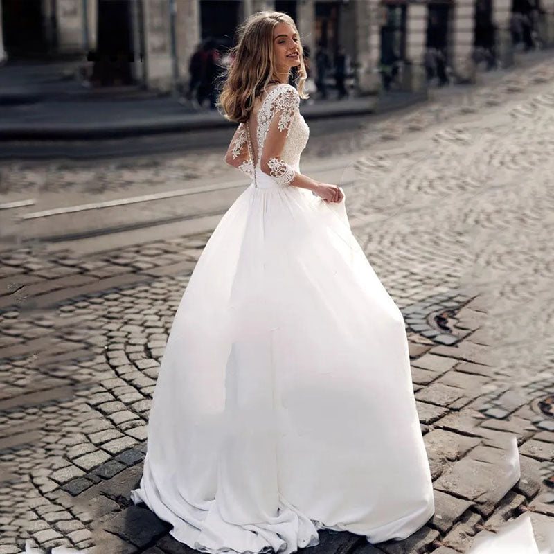 JEHETH Lace Appliques Wedding Dresses For Women Satin Elegant A Line Illusion Back With Button Bride Dress Vestidos de Novia-payinti