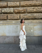 Elegantes trägerloses Satin-Abendkleid mit Schlitz, formelles elfenbeinfarbenes Ballkleid, Hochzeitskleid Y8247