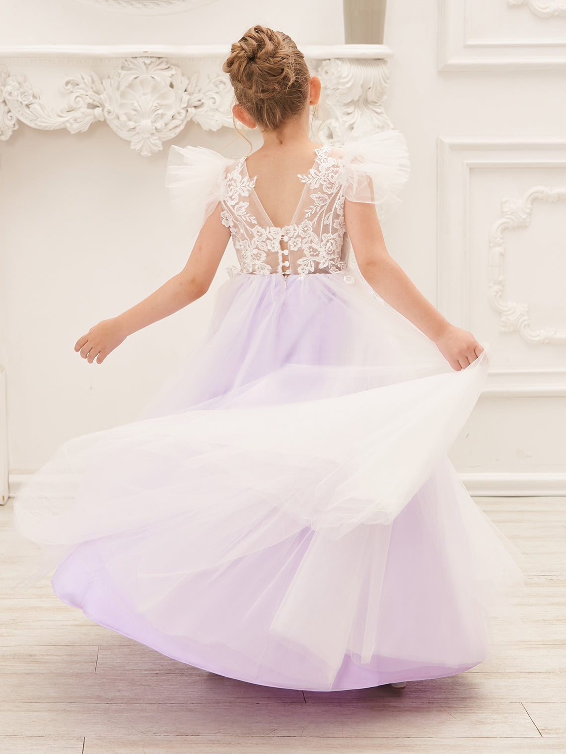 Abnehmbares Blumenmädchenkleid aus Spitze und Tüll mit Schleppe 
