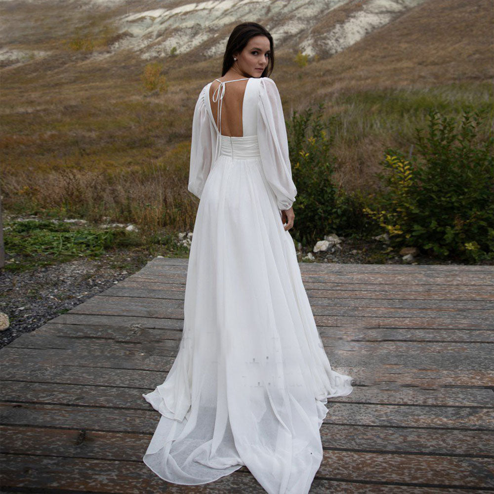 Simple Puff Sleeve Wedding Dress Bridal Long A Line Backless Beach Bride Gown Sweep Train Chiffon Robe De Mariée Vestidos-payinti