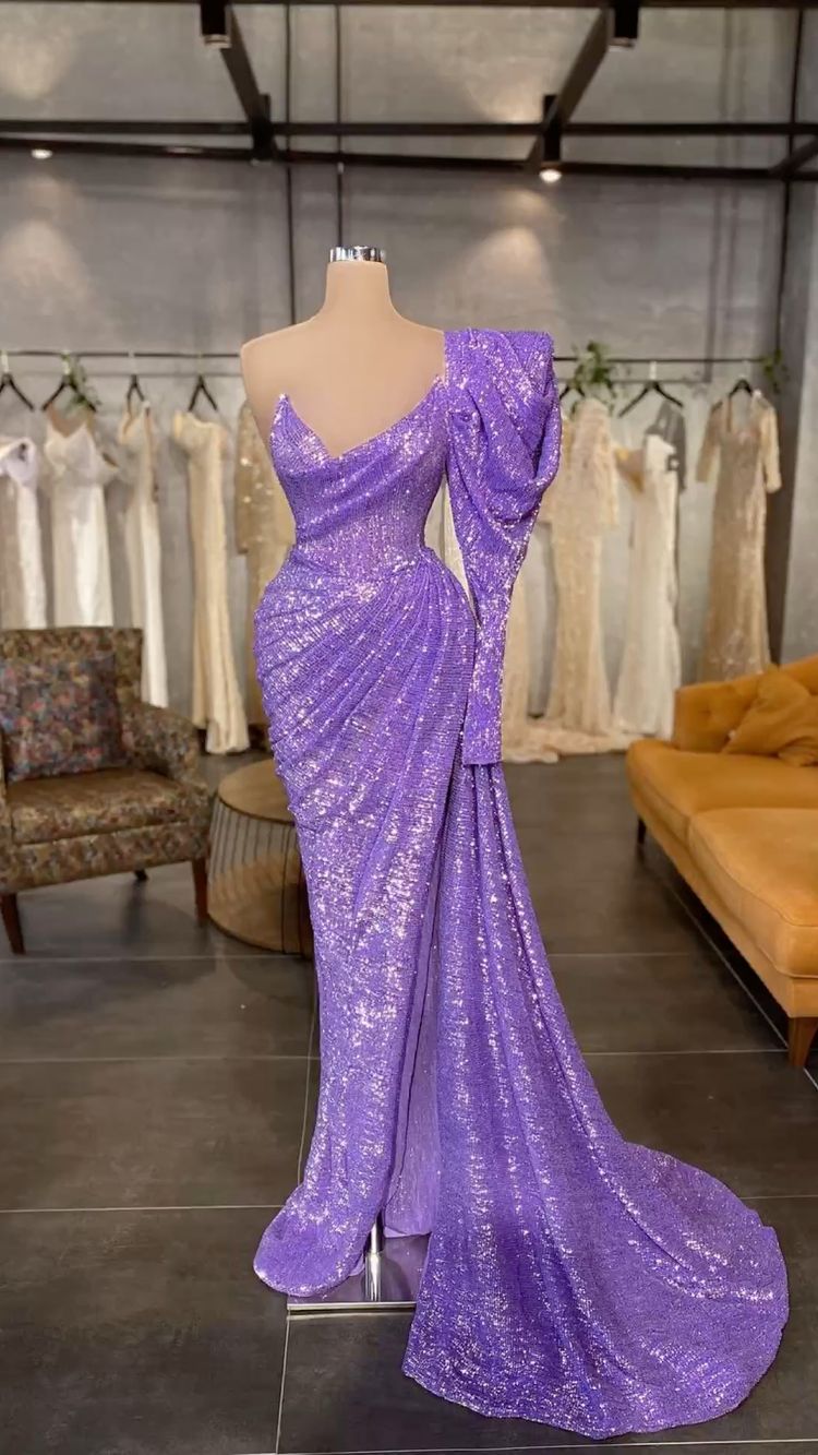 Hellviolettes langes Ballkleid mit Pailletten und abnehmbaren Ärmeln, charmantes Abendkleid Y711