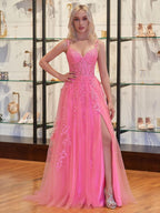 Vestidos de fiesta de tul con apliques de encaje para mujer 2025, vestido de fiesta formal de noche con tirantes finos y abertura 