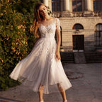 Sweetheart Neck A-Line Wedding Dresses For Women Appliques Lace Buttons Short Sleeves Tulle Bridal Gowns Robe De Mariée-payinti