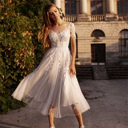 Sweetheart Neck A-Line Wedding Dresses For Women Appliques Lace Buttons Short Sleeves Tulle Bridal Gowns Robe De Mariée-payinti