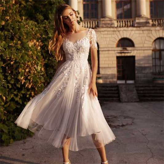 Sweetheart Neck A-Line Wedding Dresses For Women Appliques Lace Buttons Short Sleeves Tulle Bridal Gowns Robe De Mariée-payinti