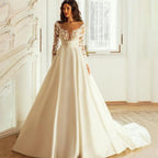 Elegant Wedding Dresses Long Sleeves For Women Princess A Line Bridal Gowns Custom Made Lace Appliques Satin Robe De Mariee-payinti